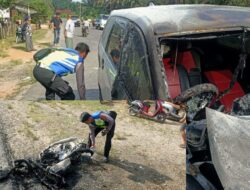 “Kecelakaan Lalu Lintas di Jalan Lintas Desa Sungai Aro, Mobil dan Sepeda Motor Terbakar”